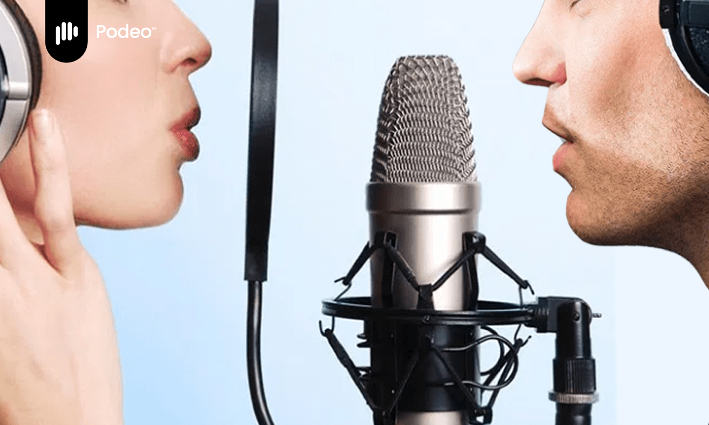 Man and Woman Facing two types of microphones