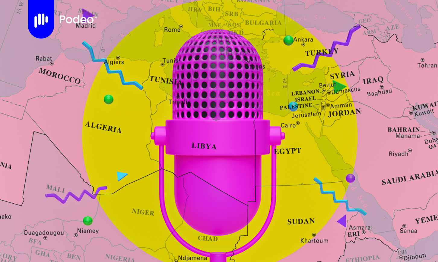 A studio microphone in front of the Arab Countries Map