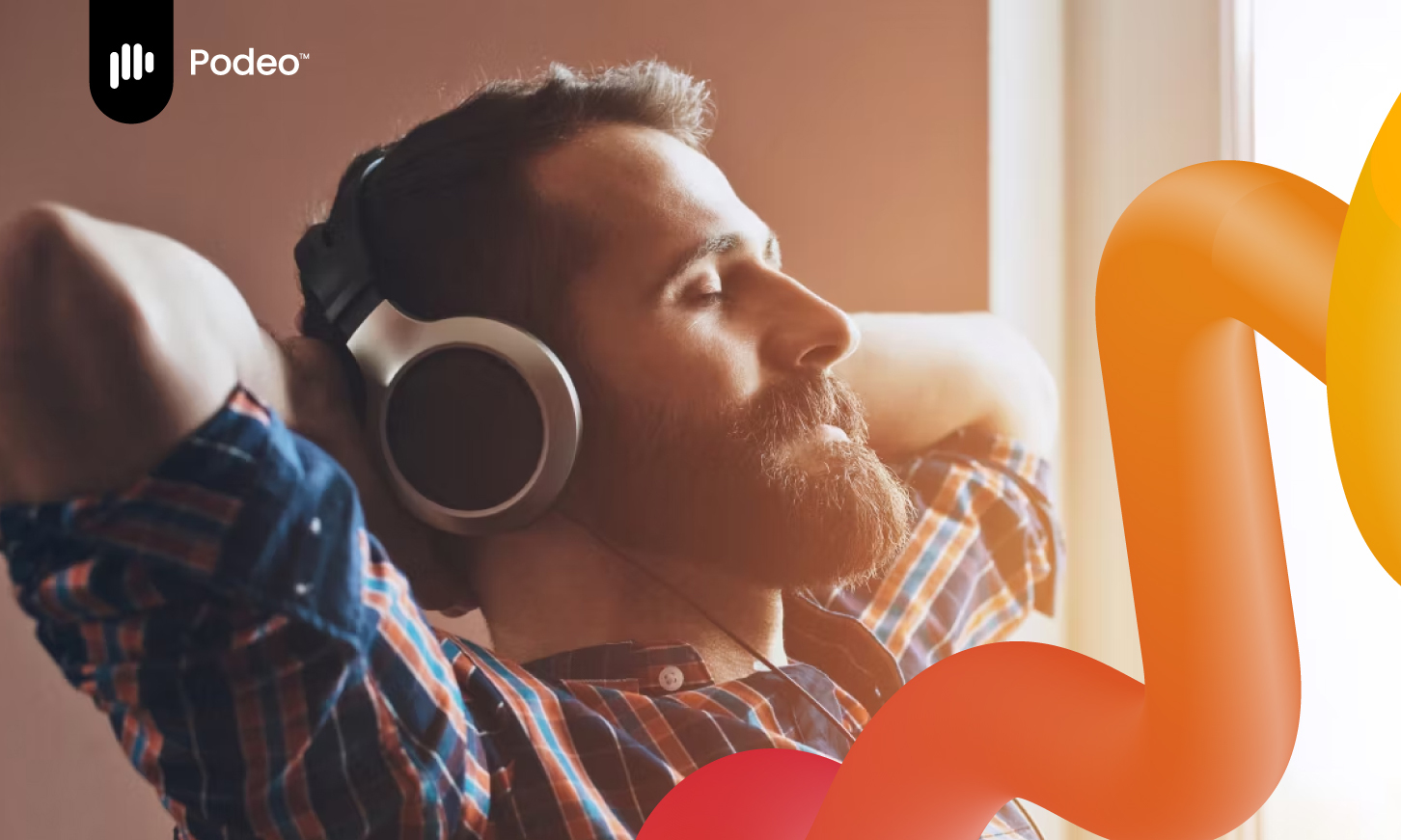 a man listening to a podcast with orange sound wave graphics